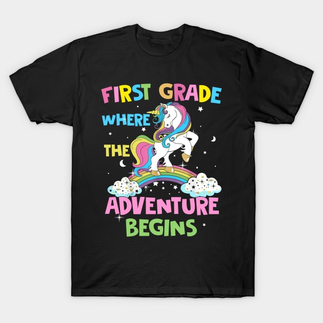 First Grade Where The Adventure Begins Student Teacher T-Shirt by Ene Alda